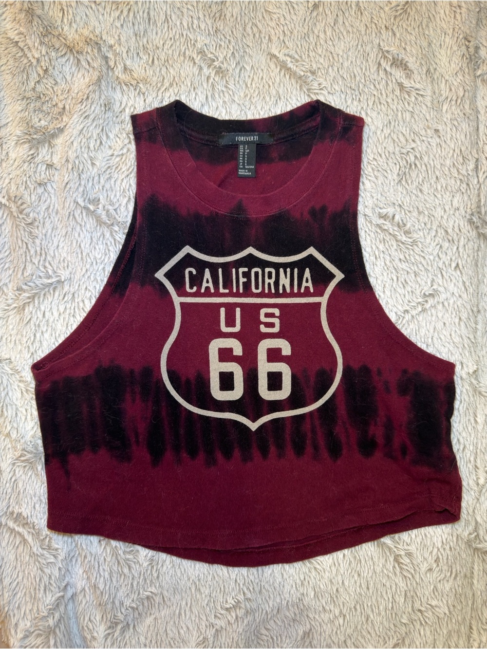 🍉 Forever 21 Burgundy and Black US 66 Tie-Dye Crop Tank